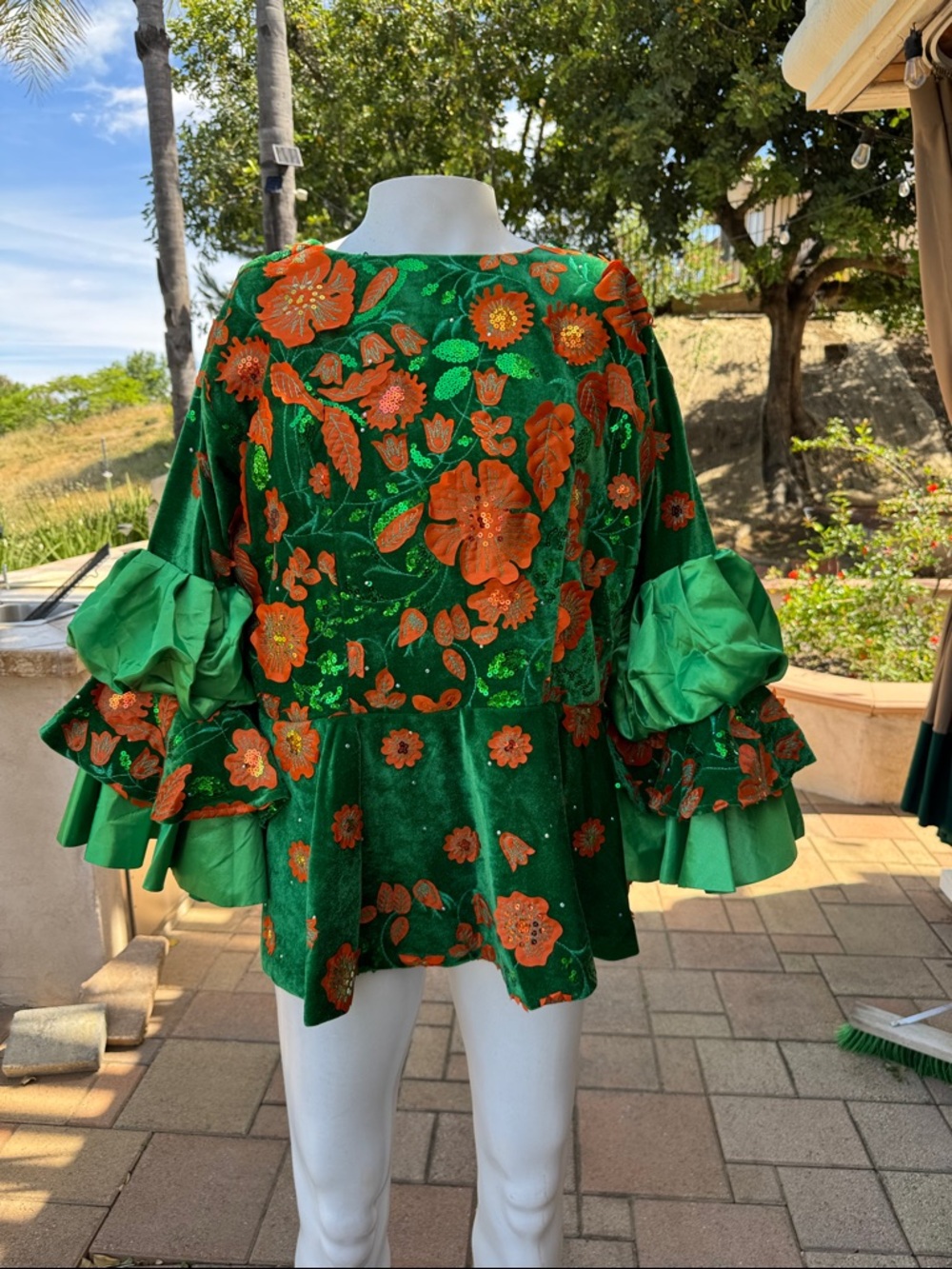 Green Floral Ruffle Sleeve Blouse - handmade cosplay garden fairy  sequin velvet